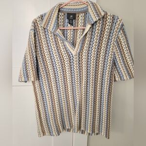 100% Cotton Men's Knit Shirt - Blue, Cream, and Brown.